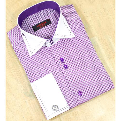 Axxess Violet / White Self Design With Violet Hand-Pick Stitching 100% Cotton Dress Shirt